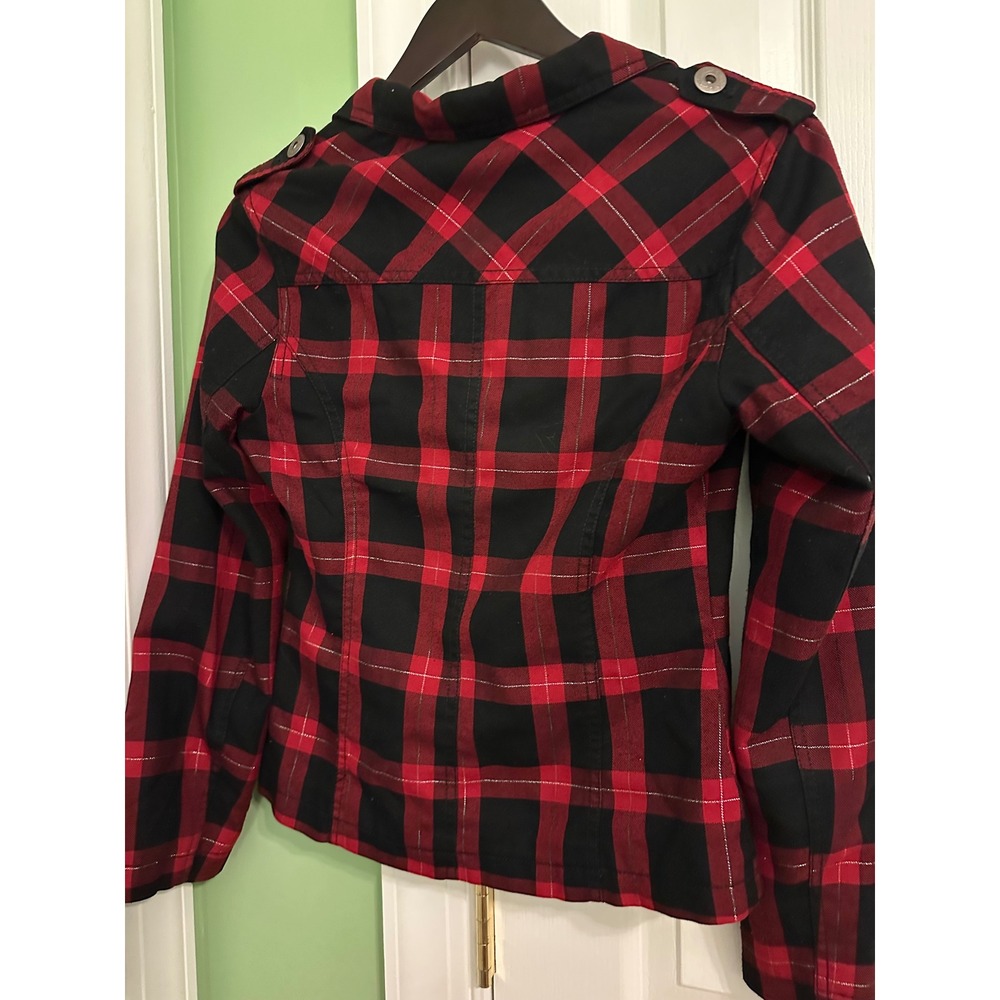 SEMIR Red Black Plaid Blazer Jacket Women's Size M Glitter Accents - Picture 2 of 5